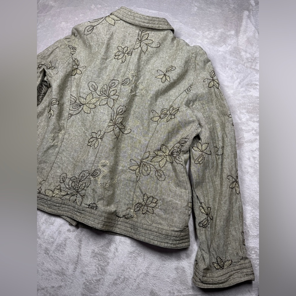 Vintage 90s Requirements Linen Cotton Blend Green Floral Embroidered Jacket XL - Picture 15 of 16